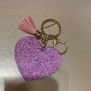 Pink Bling Heart Tassle Bag Charm Keychain Accessory